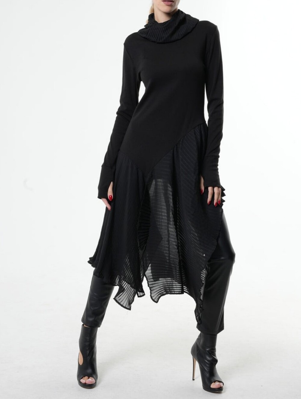 METAMORPHOZA Turtleneck Tunic Dress Black Pleated Chiffon Layer Asymmetrical XL